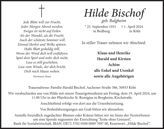 Anzeige von Hilde Bischof von  Werbepost 