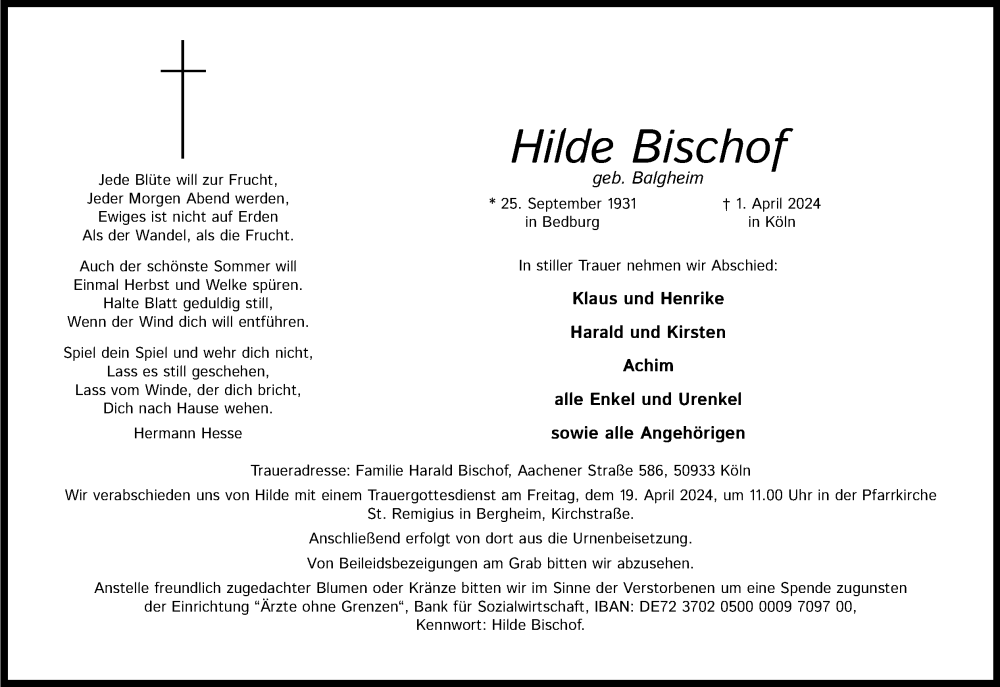  Traueranzeige für Hilde Bischof vom 13.04.2024 aus Kölner Stadt-Anzeiger / Kölnische Rundschau / Express