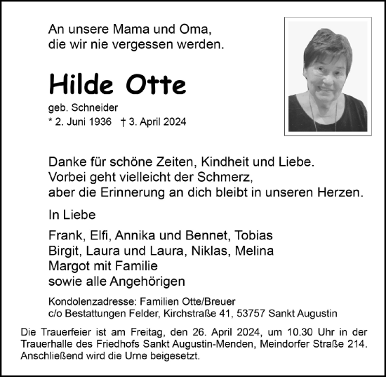 Anzeige von Hilde Otte von  Extra Blatt 