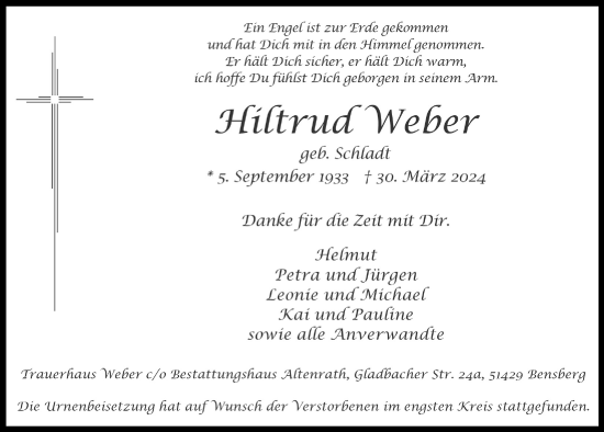 Anzeige von Hiltrud Weber von  Bergisches Handelsblatt 