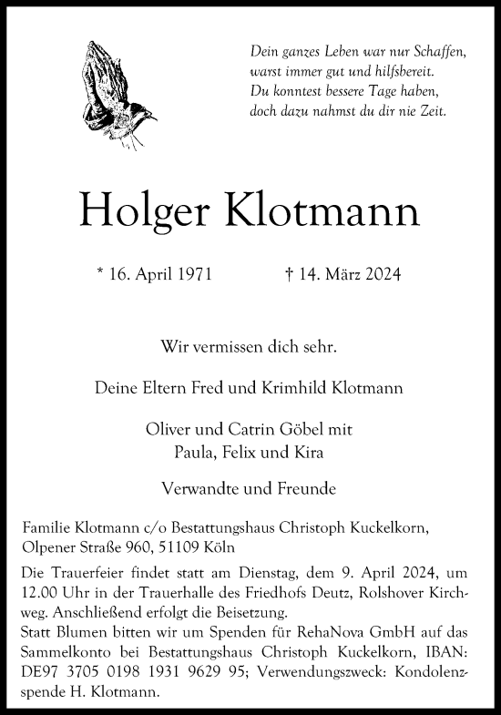Anzeige von Holger Klotmann von Kölner Stadt-Anzeiger / Kölnische Rundschau / Express