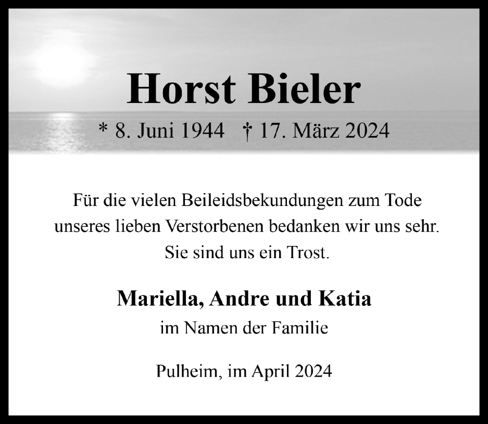  Traueranzeige für Horst Bieler vom 26.04.2024 aus  Wochenende 