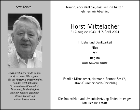 Anzeige von Horst Mittelacher von  Anzeigen Echo 