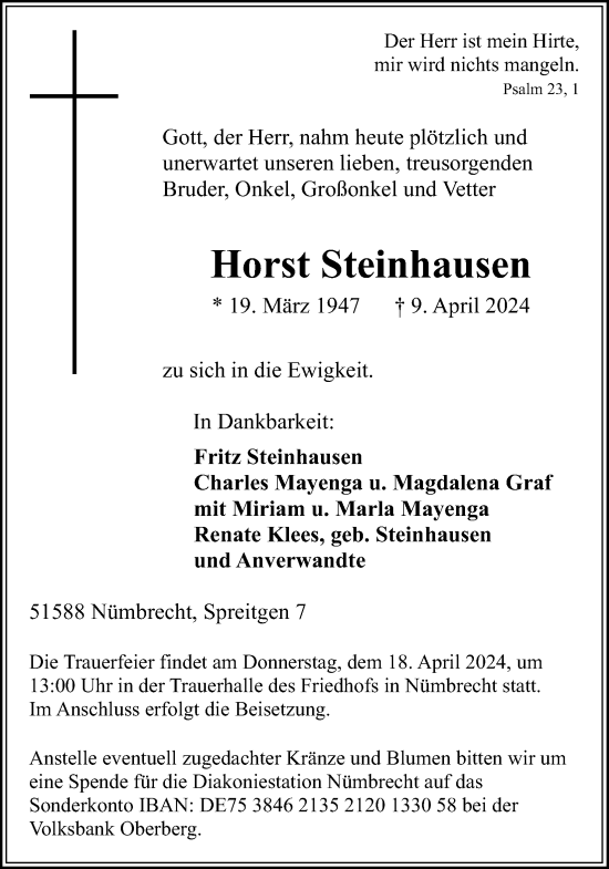 Anzeige von Horst Steinhausen von Kölner Stadt-Anzeiger / Kölnische Rundschau / Express