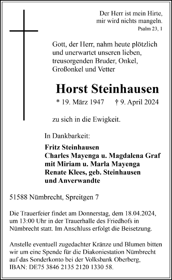 Anzeige von Horst Steinhausen von  Lokalanzeiger 