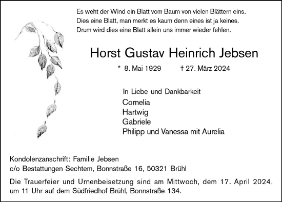 Anzeige von Horst Gustav Heinrich Jebsen von  Schlossbote/Werbekurier 