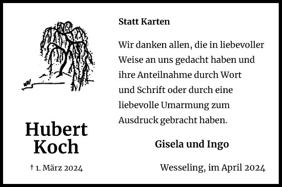 Anzeige von Hubert Koch von Kölner Stadt-Anzeiger / Kölnische Rundschau / Express