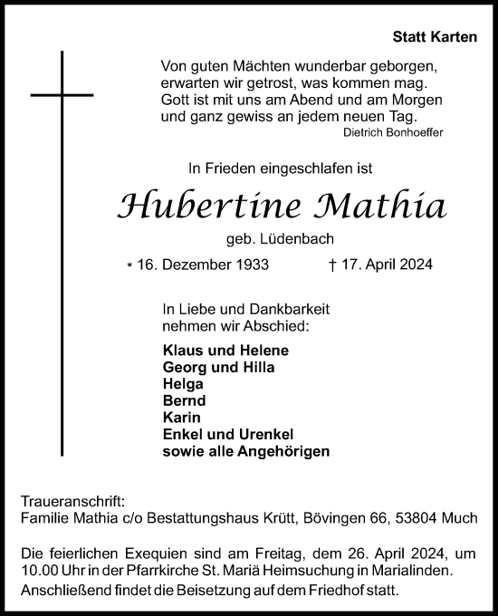 Anzeige von Hubertine Mathia von Kölner Stadt-Anzeiger / Kölnische Rundschau / Express