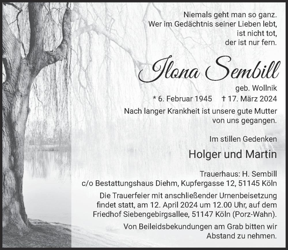 Traueranzeige für Ilona Sembill vom 05.04.2024 aus  EXPRESS - Die Woche 