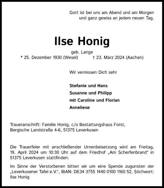 Anzeige von Ilse Honig von Kölner Stadt-Anzeiger / Kölnische Rundschau / Express