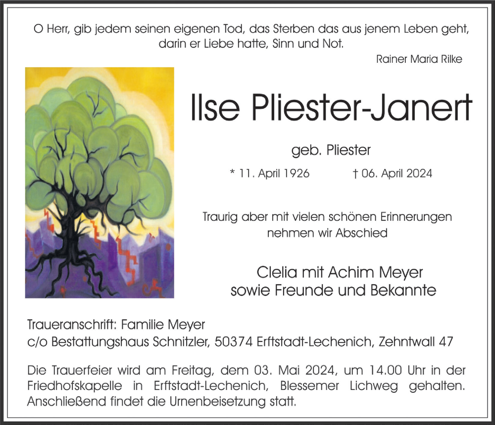  Traueranzeige für Ilse Pliester-Janert vom 19.04.2024 aus  Werbepost 