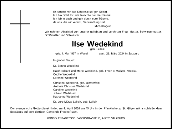 Anzeige von Ilse Wedekind von Kölner Stadt-Anzeiger / Kölnische Rundschau / Express