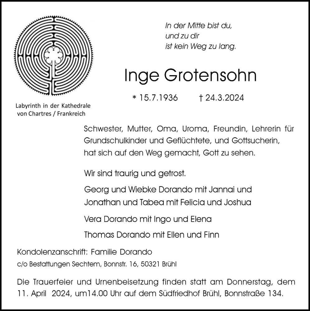  Traueranzeige für Inge Grotensohn vom 05.04.2024 aus  Schlossbote/Werbekurier 