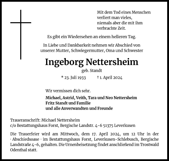 Anzeige von Ingeborg Nettersheim von Kölner Stadt-Anzeiger / Kölnische Rundschau / Express