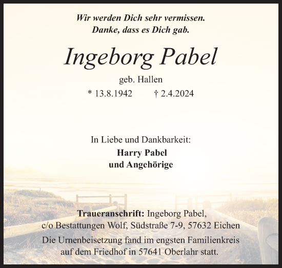Anzeige von Ingeborg Pabel von Kölner Stadt-Anzeiger / Kölnische Rundschau / Express