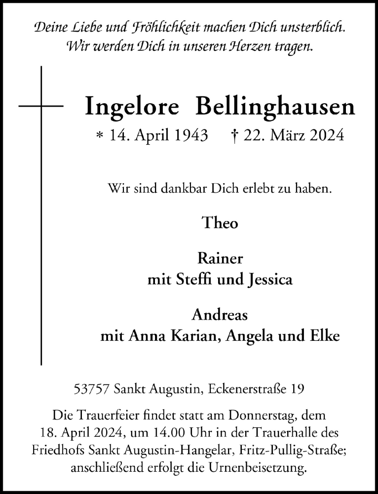  Traueranzeige für Ingelore Bellinghausen vom 12.04.2024 aus  Extra Blatt 