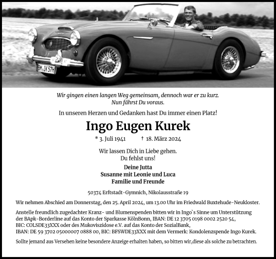 Anzeige von Ingo Eugen Kurek von Kölner Stadt-Anzeiger / Kölnische Rundschau / Express
