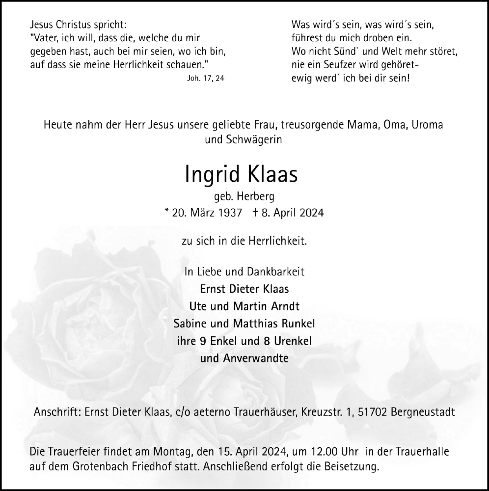  Traueranzeige für Ingrid Klaas vom 12.04.2024 aus  Anzeigen Echo 