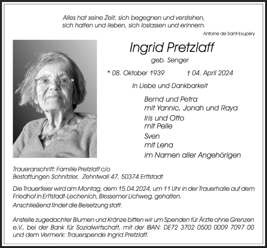 Anzeige von Ingrid Pretzlaff von  Werbepost 