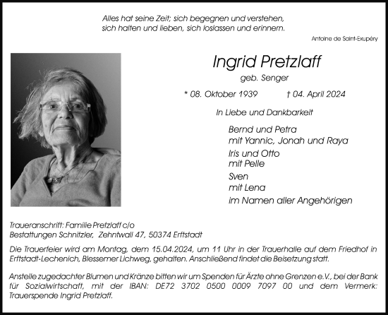 Anzeige von Ingrid Pretzlaff von Kölner Stadt-Anzeiger / Kölnische Rundschau / Express