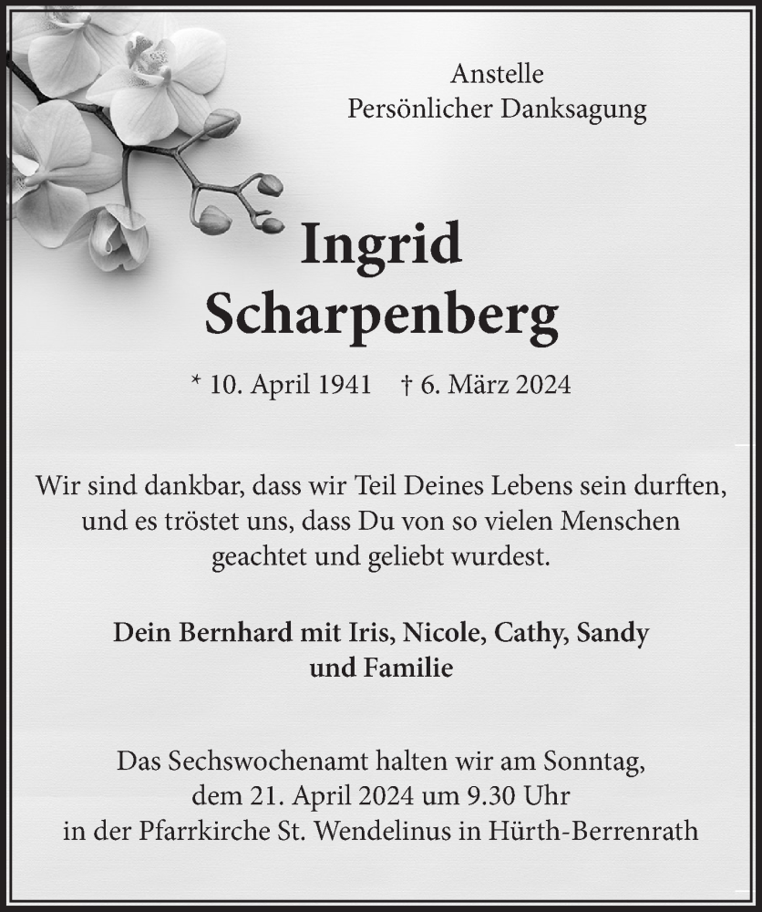  Traueranzeige für Ingrid Scharpenberg vom 12.04.2024 aus  Wochenende 