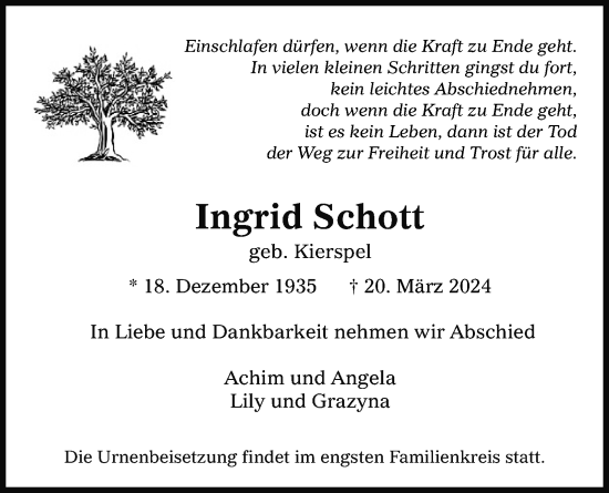 Anzeige von Ingrid Schott von Kölner Stadt-Anzeiger / Kölnische Rundschau / Express