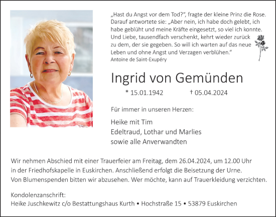 Anzeige von Ingrid von Gemünden von  Blickpunkt Euskirchen 