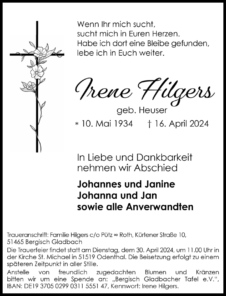  Traueranzeige für Irene Hiilgers vom 26.04.2024 aus  Bergisches Handelsblatt 