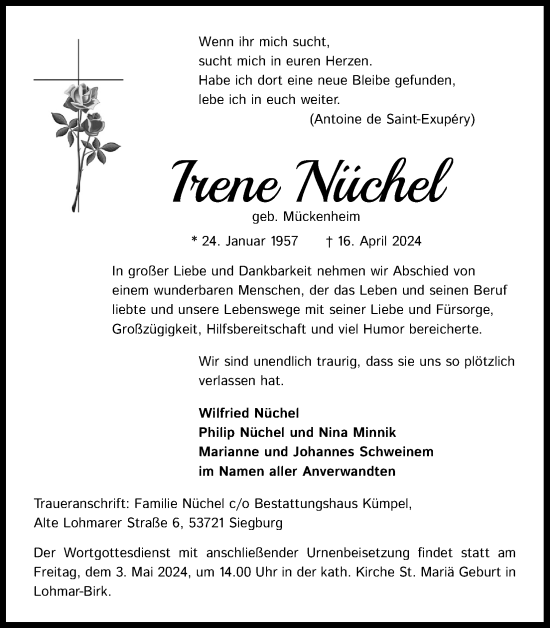 Anzeige von Irene Nüchel von Kölner Stadt-Anzeiger / Kölnische Rundschau / Express