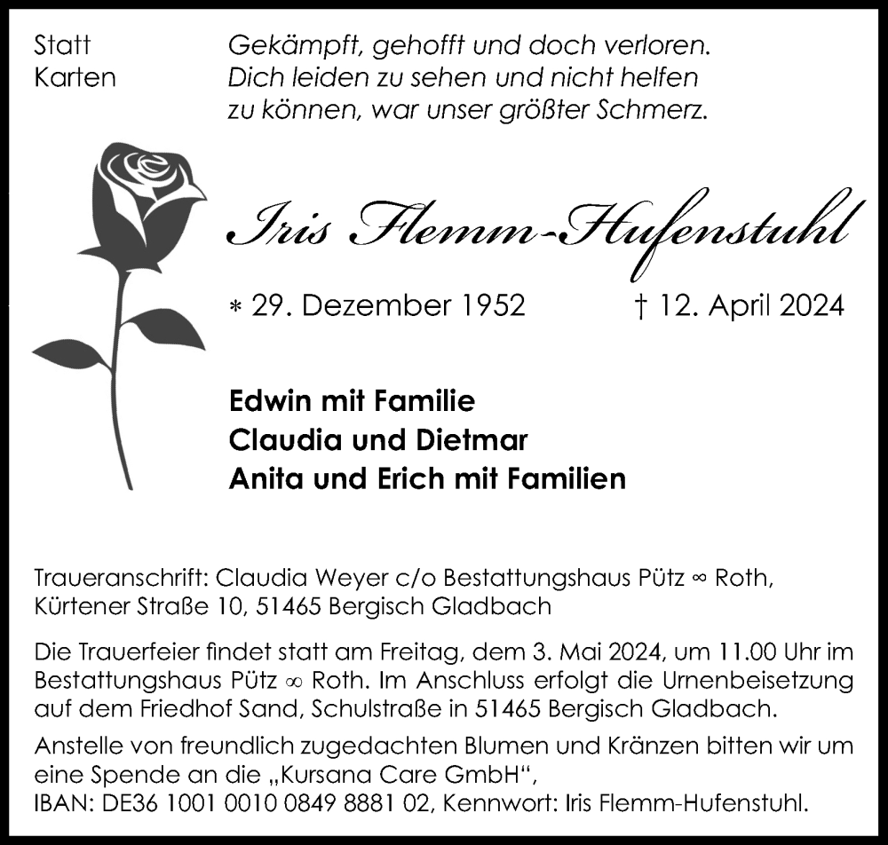  Traueranzeige für Iris Flemm-Hufenstuhl vom 20.04.2024 aus Kölner Stadt-Anzeiger / Kölnische Rundschau / Express
