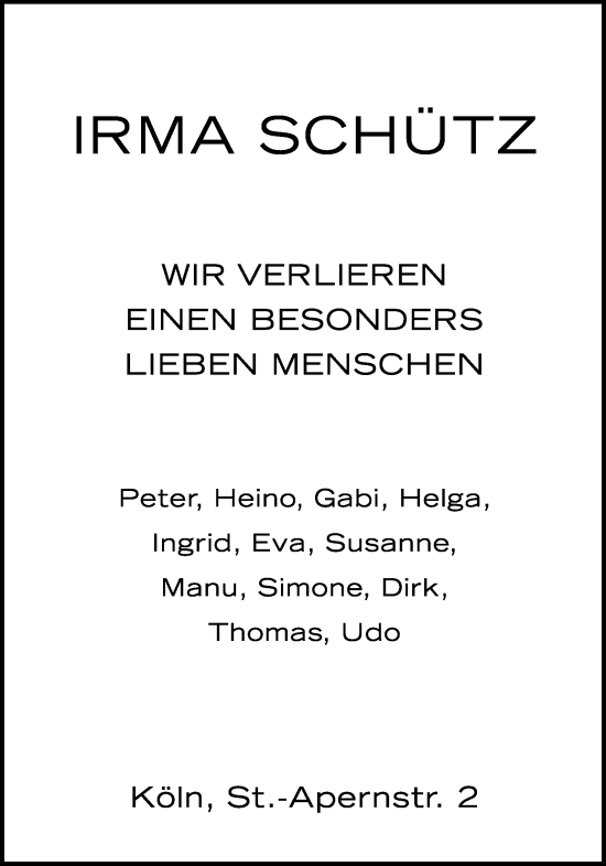 Anzeige von Irma Schütz von Kölner Stadt-Anzeiger / Kölnische Rundschau / Express