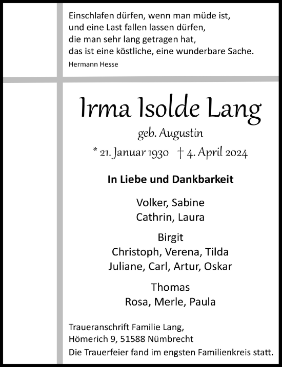 Anzeige von Irma Isolde Lang von  Lokalanzeiger 