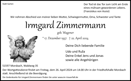 Anzeige von Irmgard Zimmermann von Kölner Stadt-Anzeiger / Kölnische Rundschau / Express