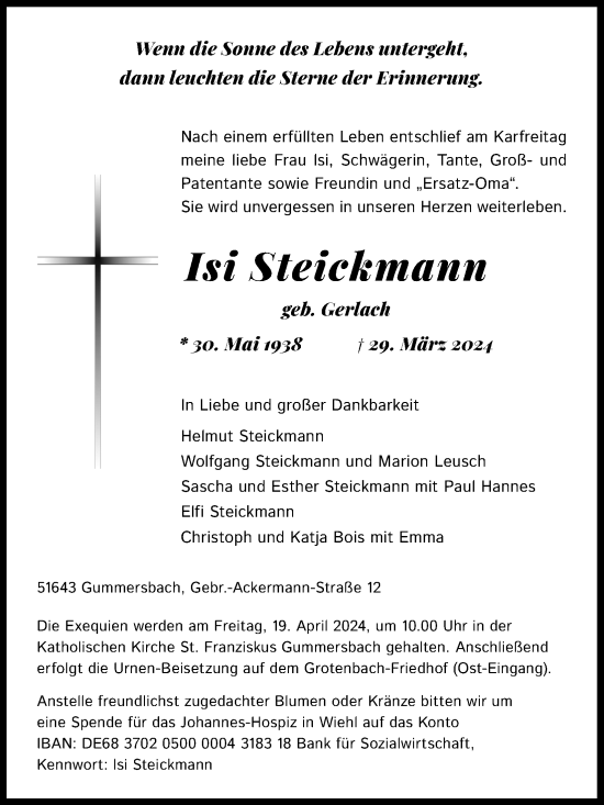 Anzeige von Isi Steickmann von Kölner Stadt-Anzeiger / Kölnische Rundschau / Express