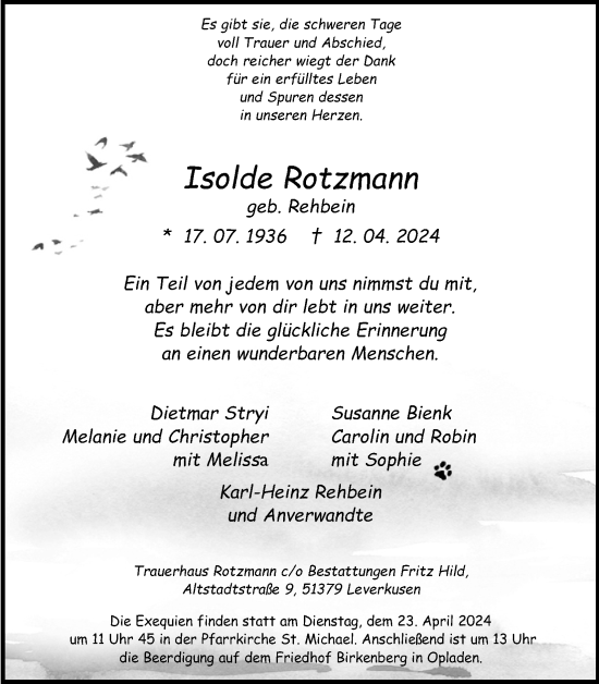 Anzeige von Isolde Rotzmann von Kölner Stadt-Anzeiger / Kölnische Rundschau / Express
