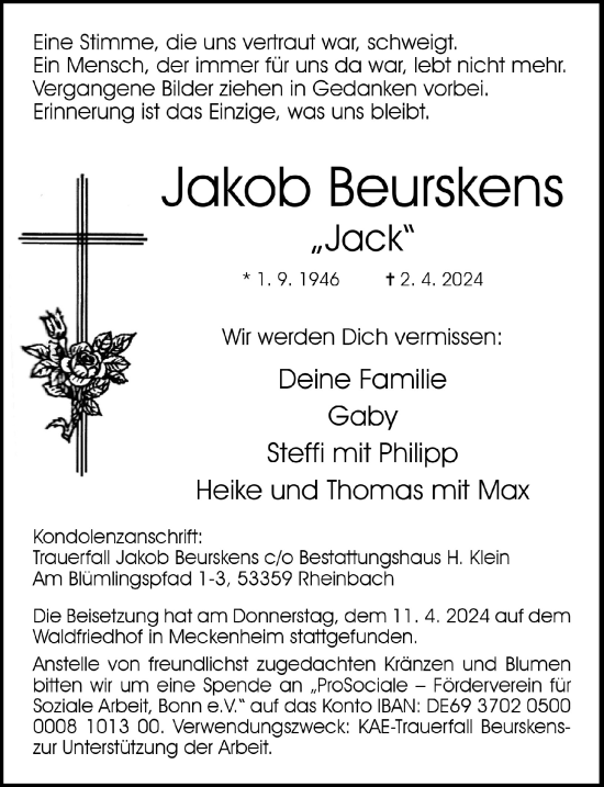 Anzeige von Jakob Beurskens von  Schaufenster/Blickpunkt 