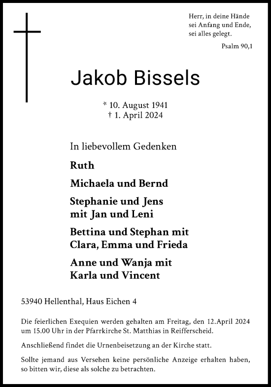 Anzeige von Jakob Bissels von Kölner Stadt-Anzeiger / Kölnische Rundschau / Express