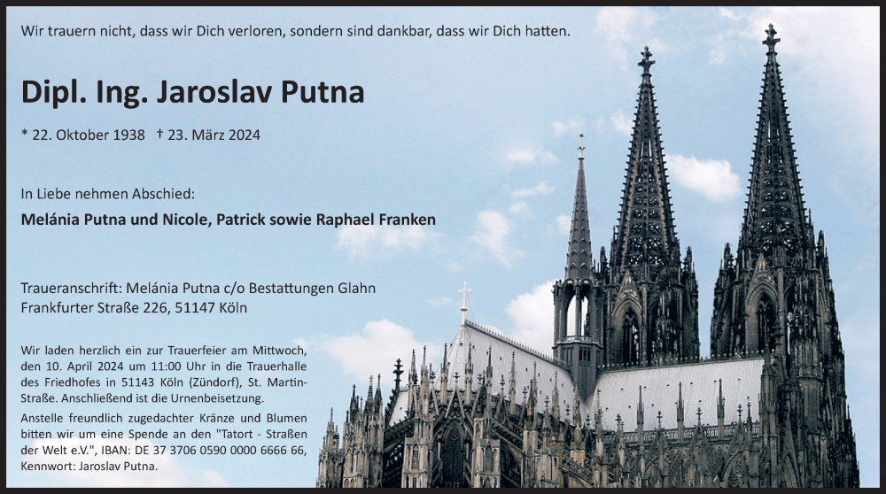  Traueranzeige für Jaroslav Putna vom 30.03.2024 aus Kölner Stadt-Anzeiger / Kölnische Rundschau / Express