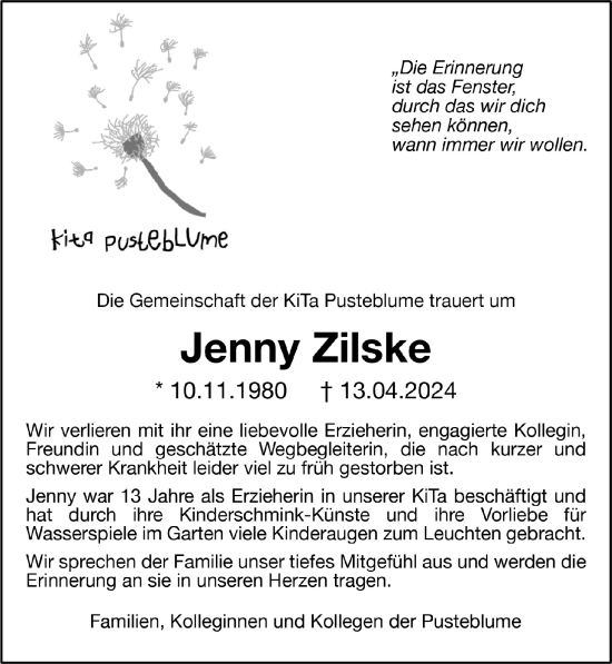 Anzeige von Jenny Zilske von  Wochenende 