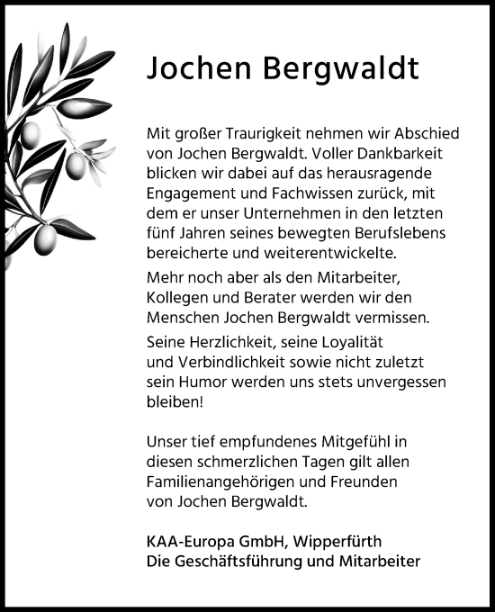 Anzeige von Jochen Bergwaldt von Kölner Stadt-Anzeiger / Kölnische Rundschau / Express