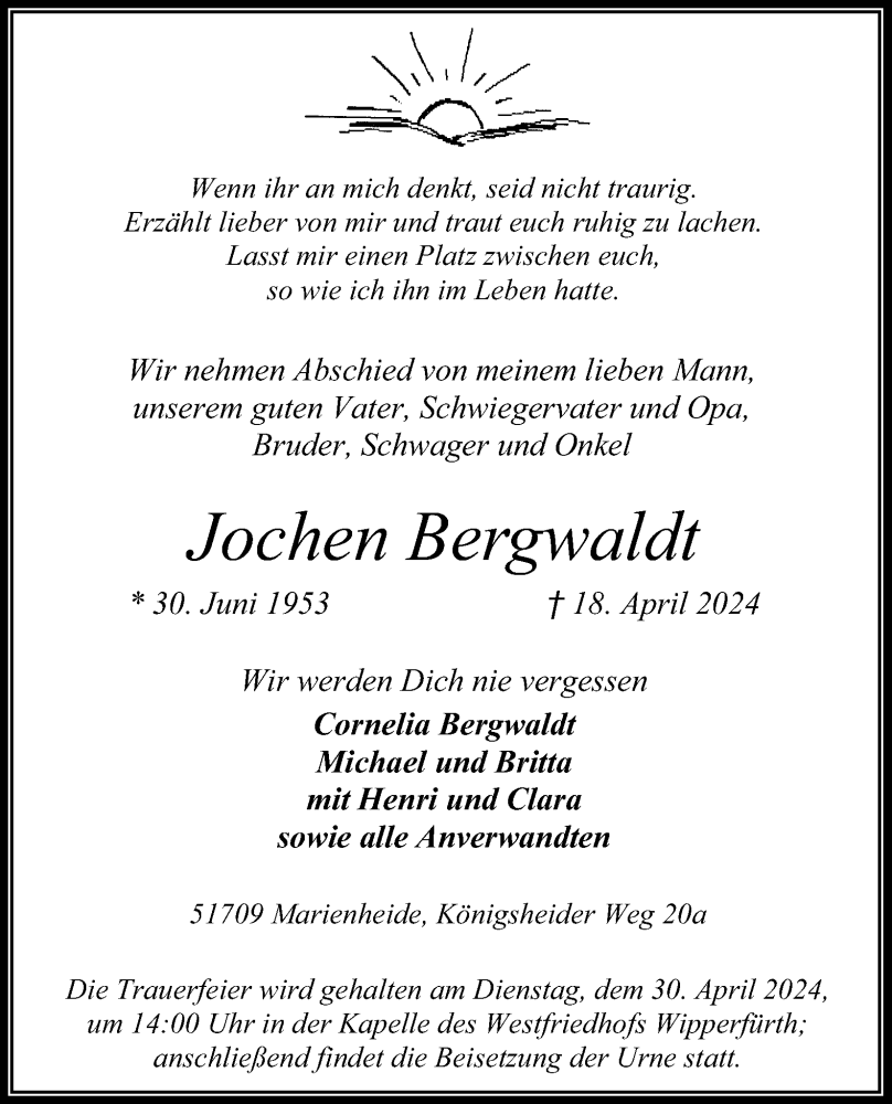  Traueranzeige für Jochen Bergwaldt vom 24.04.2024 aus Kölner Stadt-Anzeiger / Kölnische Rundschau / Express
