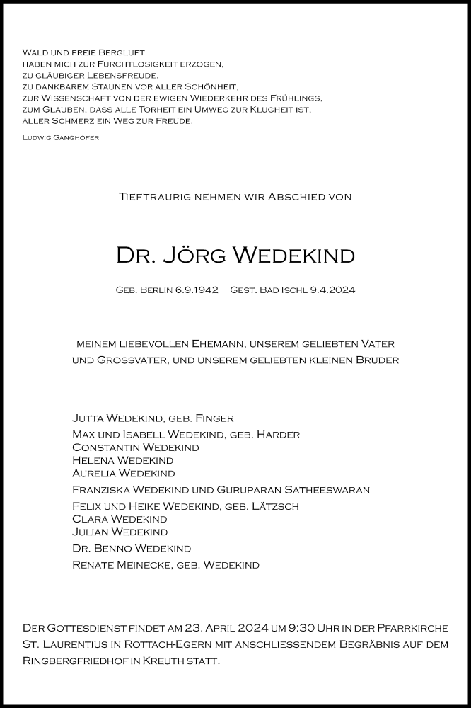  Traueranzeige für Jörg Wedekind vom 20.04.2024 aus Kölner Stadt-Anzeiger / Kölnische Rundschau / Express