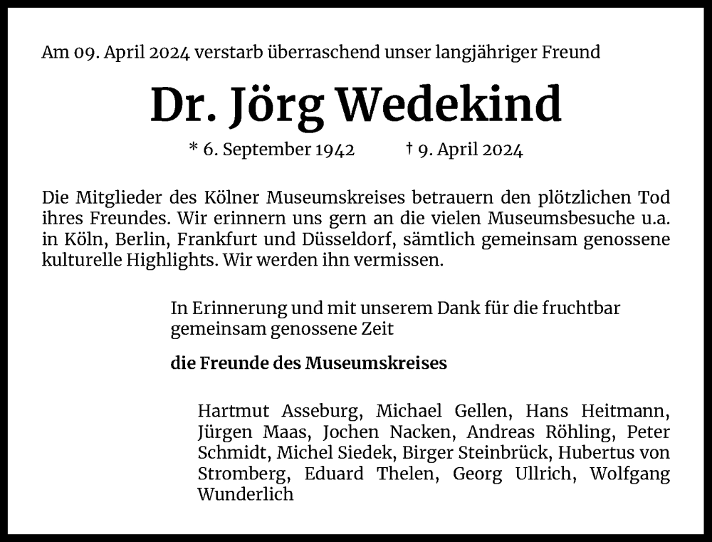  Traueranzeige für Jörg Wedekind vom 20.04.2024 aus Kölner Stadt-Anzeiger / Kölnische Rundschau / Express