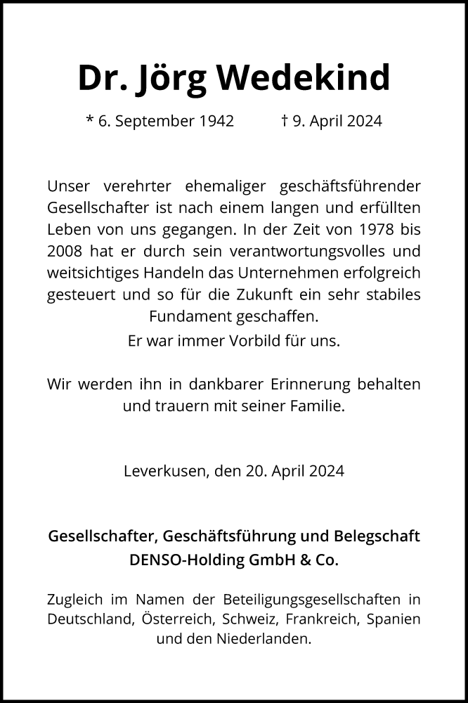  Traueranzeige für Jörg Wedekind vom 20.04.2024 aus Kölner Stadt-Anzeiger / Kölnische Rundschau / Express