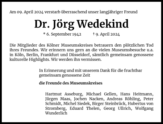 Anzeige von Jörg Wedekind von Kölner Stadt-Anzeiger / Kölnische Rundschau / Express