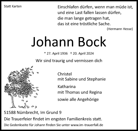 Anzeige von Johann Bock von Kölner Stadt-Anzeiger / Kölnische Rundschau / Express