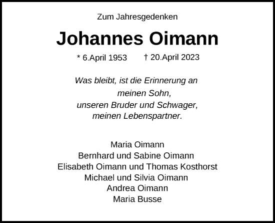 Anzeige von Johannes Oimann von Kölner Stadt-Anzeiger / Kölnische Rundschau / Express