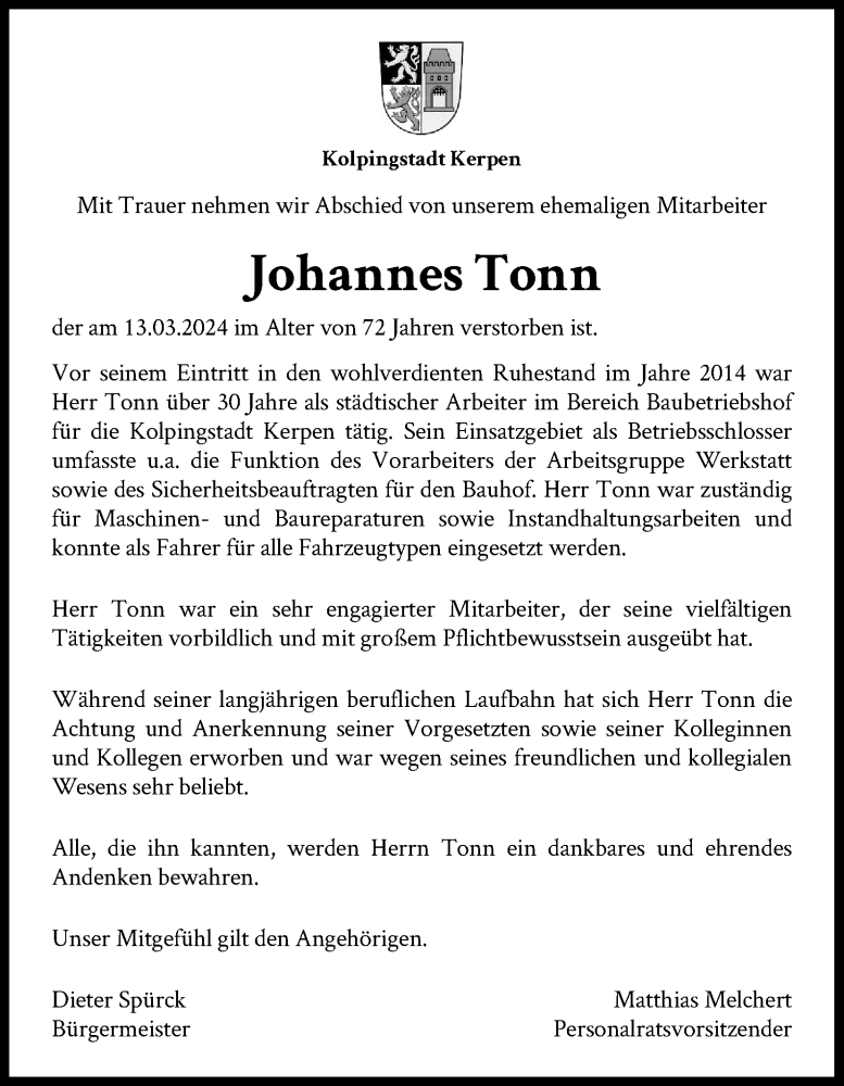  Traueranzeige für Johannes Tonn vom 13.04.2024 aus Kölner Stadt-Anzeiger / Kölnische Rundschau / Express