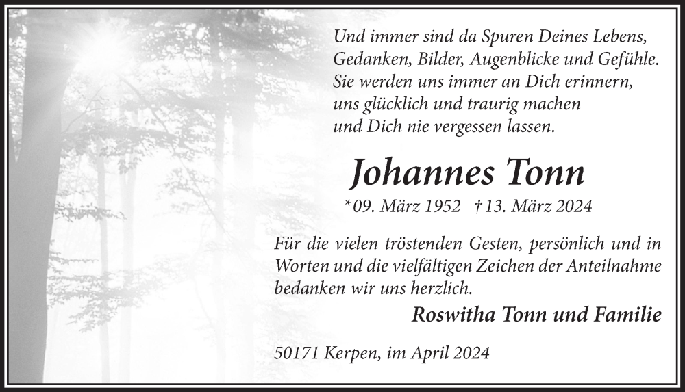  Traueranzeige für Johannes Tonn vom 12.04.2024 aus  Werbepost 
