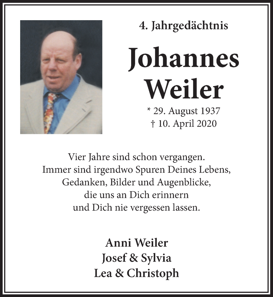  Traueranzeige für Johannes Weiler vom 18.07.2023 aus  Schaufenster/Blickpunkt 
